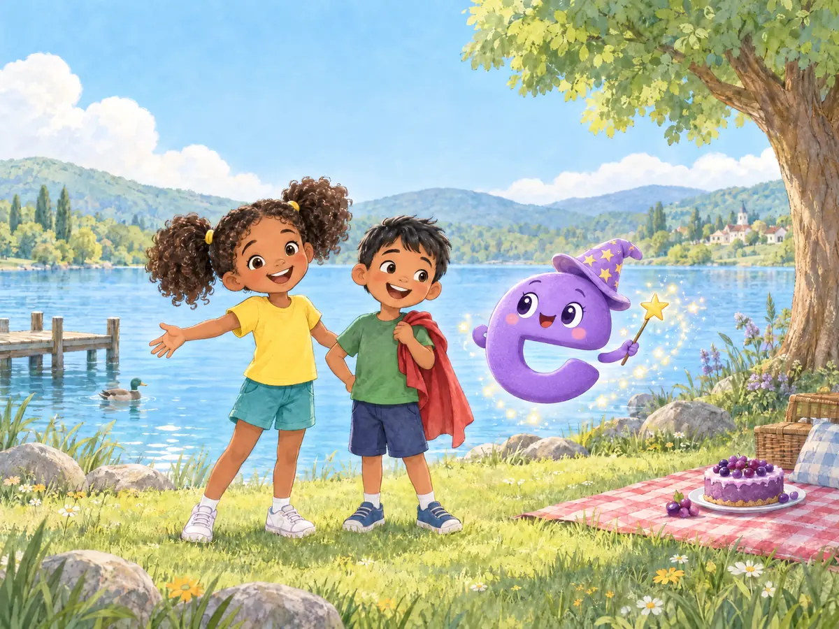 Jane and Dave smile by a sunny lake. Magic E, a friendly purple letter e with a star wand and a wizard hat, floats beside them. A grape cake sits on a picnic blanket.